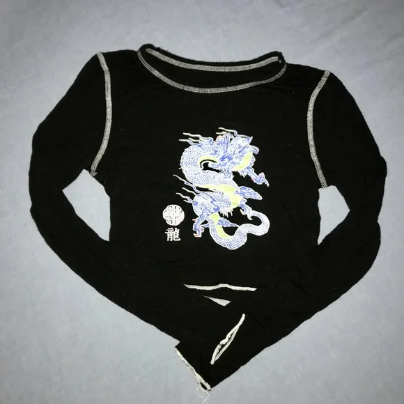 Black Long Sleeve Crop Top with Dragon Design - Picture 6 of 6